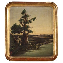 19th Century Oil on Canvas Italian Painting Landscape with Hunter, 1873