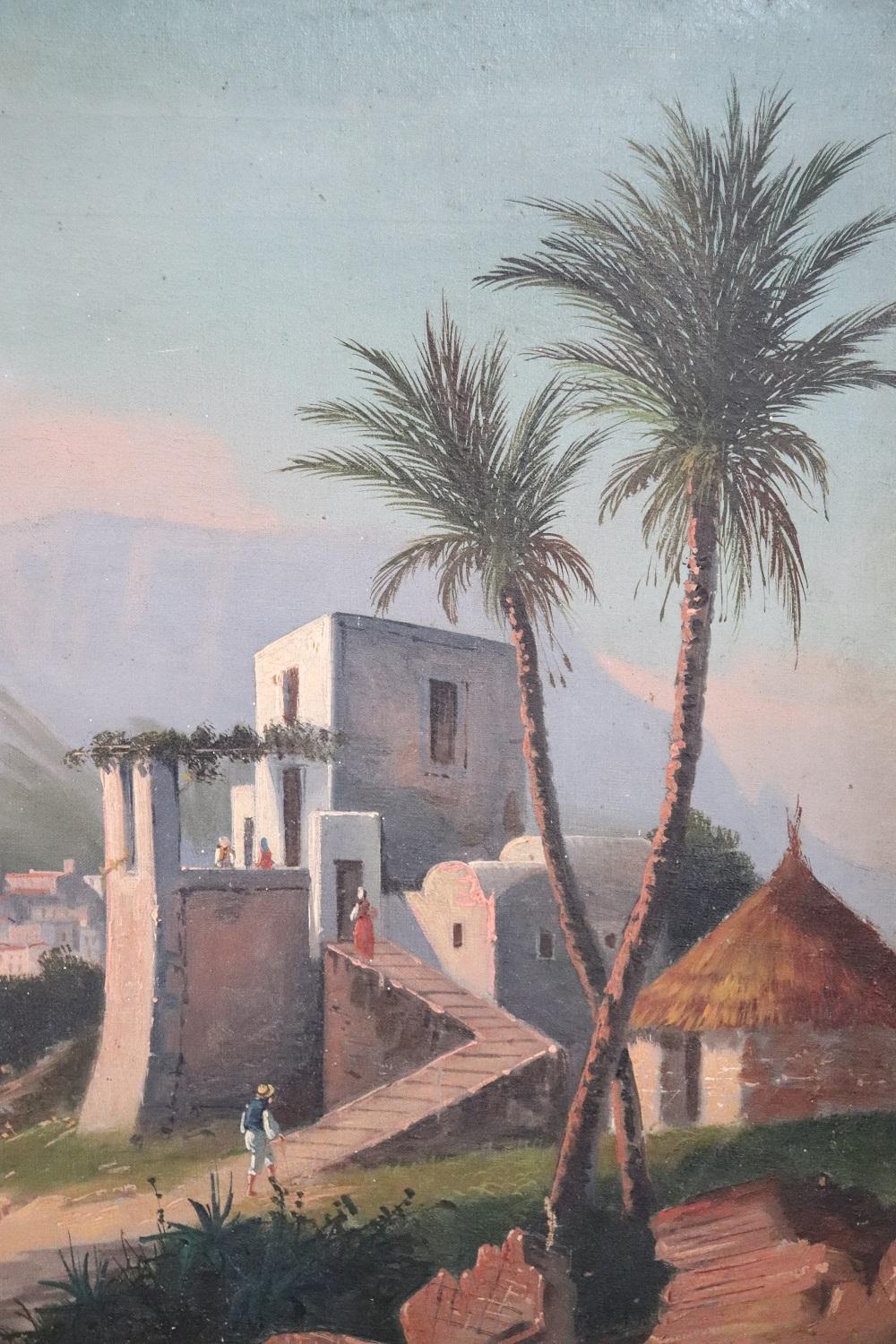 Oiled 19th Century Oil on Canvas Italian Painting Naples Landscape, Signed For Sale