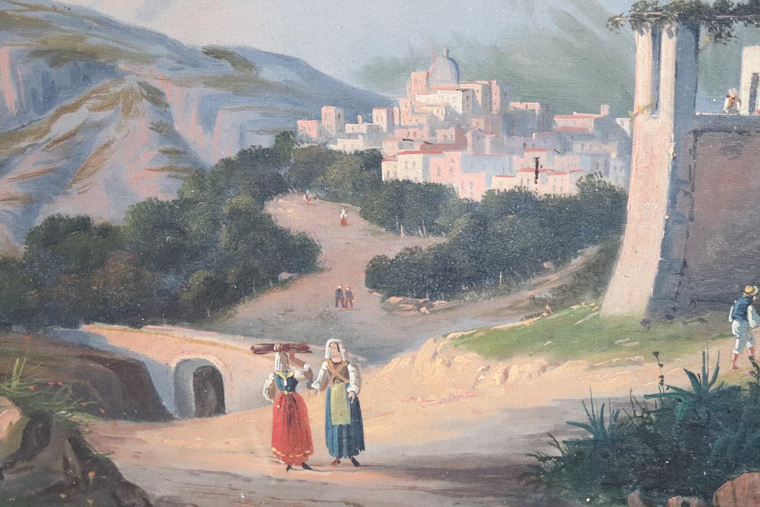 19th Century Oil on Canvas Italian Painting Naples Landscape, Signed In Good Condition For Sale In Casale Monferrato, IT