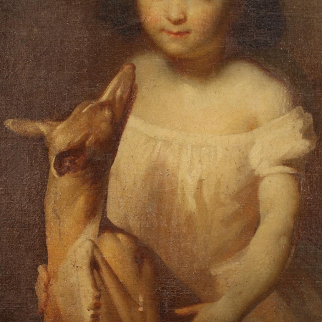 19th Century Oil on Canvas Italian Painting Portrait Little Girl with Dog, 1880 7