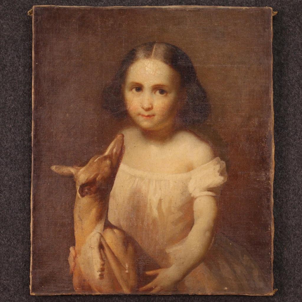 Nice Italian painting from the late 19th century. Framework oil on canvas, on the first canvas, depicting a portrait of a little girl with a little dog of good pictorial quality. Painting of beautiful size and pleasant decor for antique dealers,