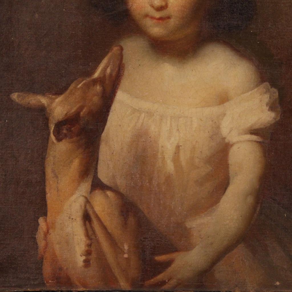 Late 19th Century 19th Century Oil on Canvas Italian Painting Portrait Little Girl with Dog, 1880