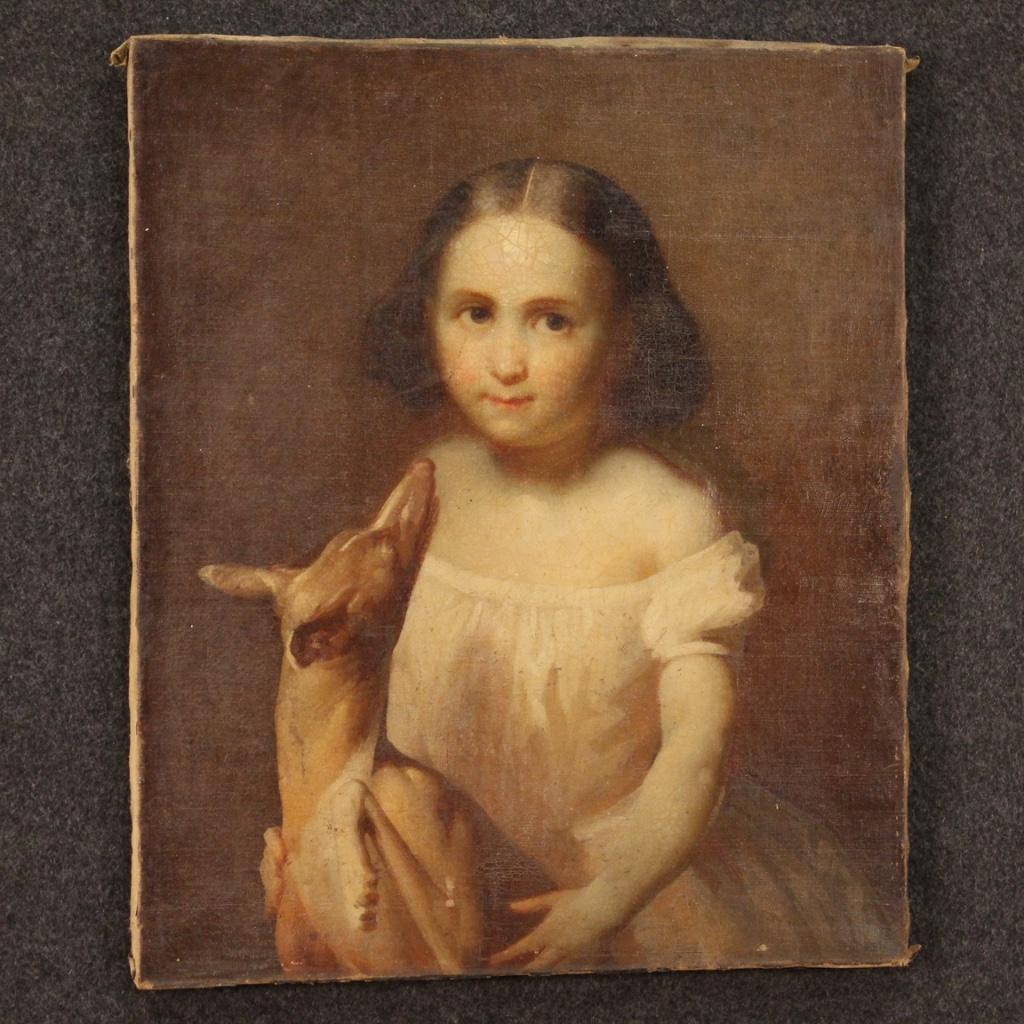 19th Century Oil on Canvas Italian Painting Portrait Little Girl with Dog, 1880 4