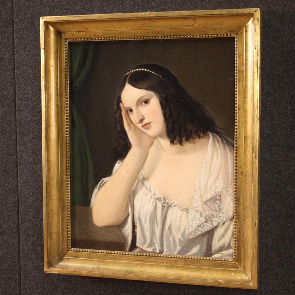 19th Century Oil on Canvas Italian Painting Portrait of a Young Lady, 1850 3