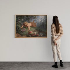 19th Century Oil on Canvas Italian Painting Spring Child in a Flowery Meadow
