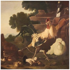 Pittura italiana olio su tela del XIX secolo con animali da cortile, 1880