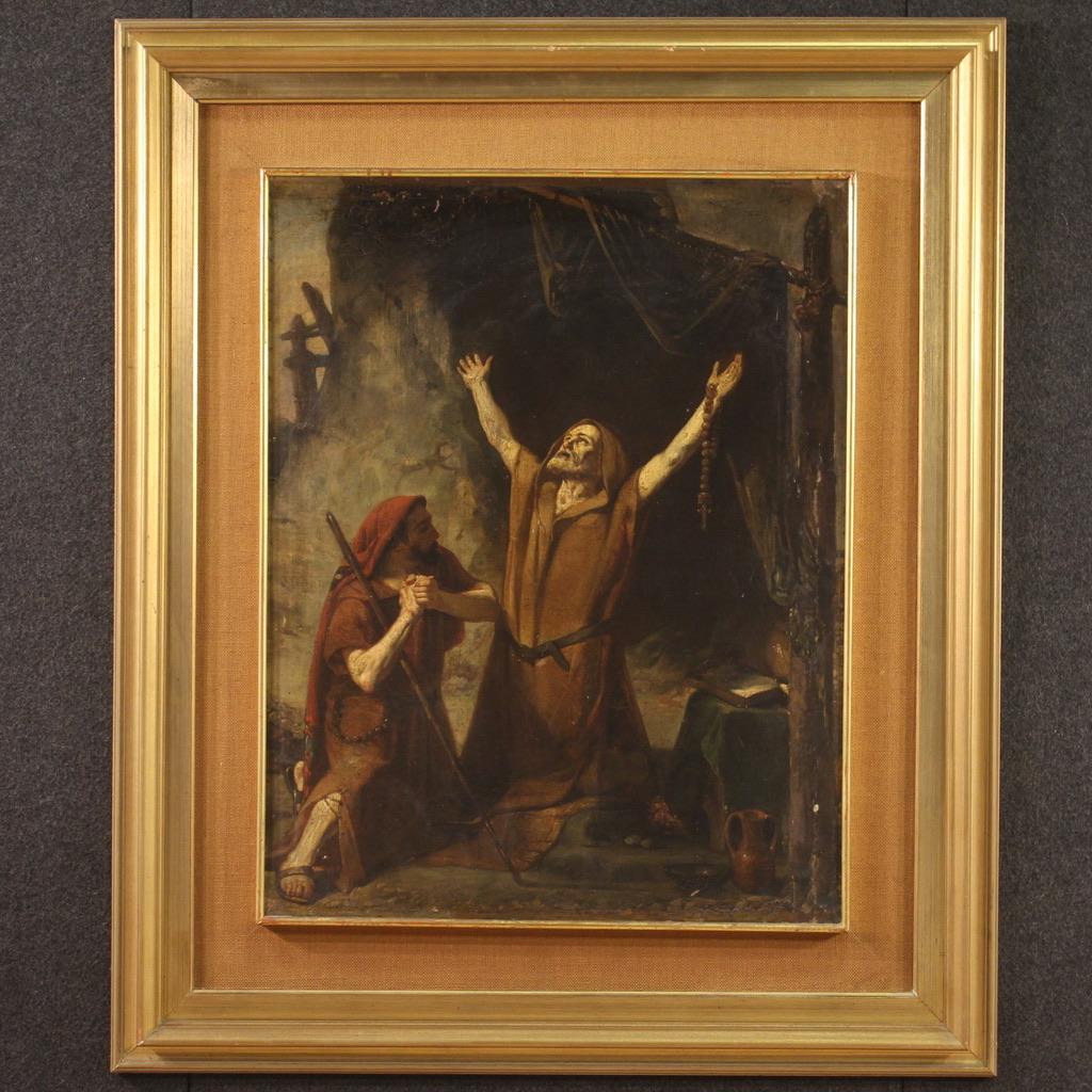 Interessantes italienisches Gemälde aus dem 19. Jahrhundert, das die Vision des Heiligen Antonius des Abtes darstellt. Religiöses Gemälde von großer malerischer Intensität und guter Dynamik, Öl auf Leinwand, von feiner Ausarbeitung. Gemälde in gutem