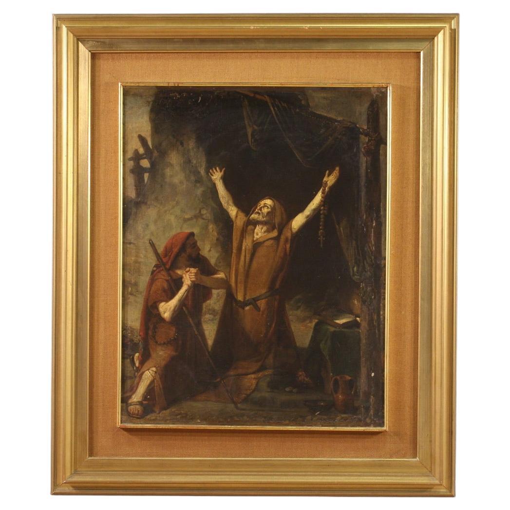 Huile sur toile du 19ème siècle - Peinture italienne - Vision de Saint Antoine l'Abbé