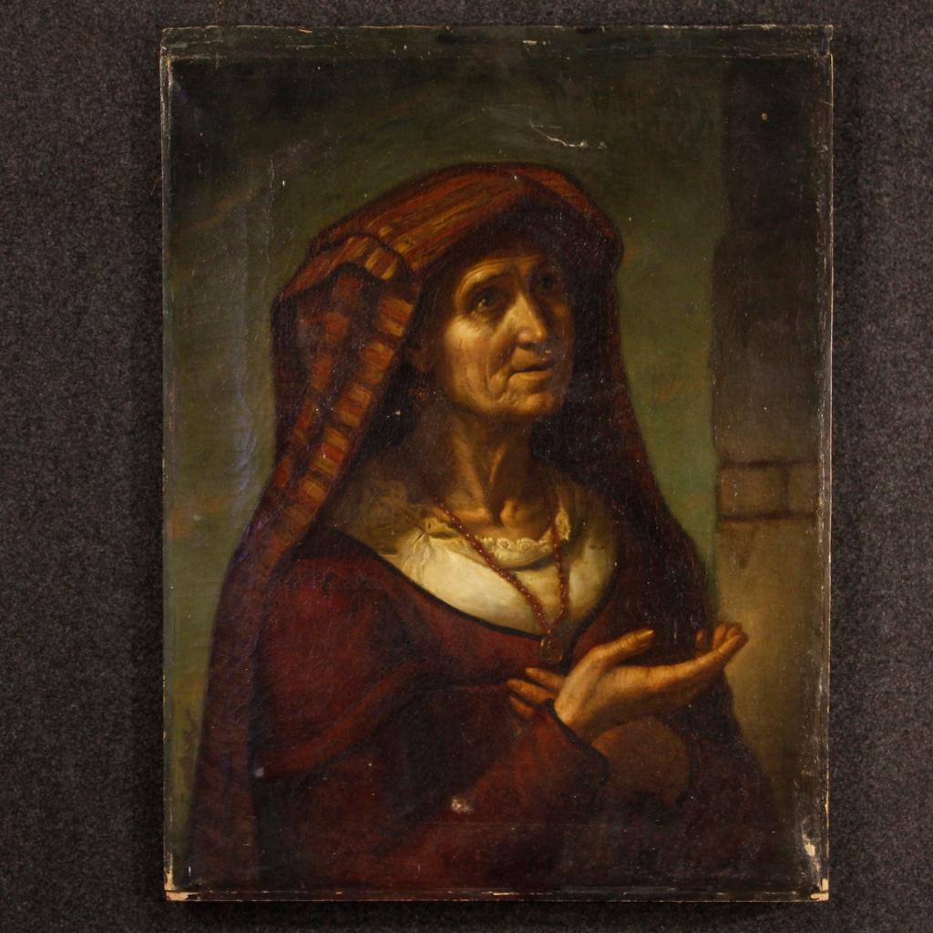 Antique Italian painting from 19th century. Framework depicting a portrait of a popular character of excellent pictorial quality. Oil painting on canvas, in the first canvas, rich in details of great character. Canvas that presents small tears, in