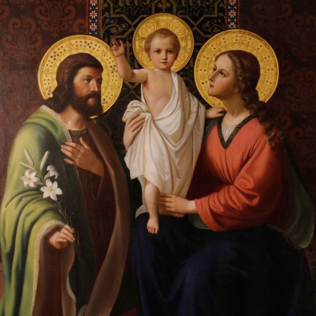 Great Italian altarpiece dated 1895. Oil painting on canvas, in the first canvas, depicting religious subject, the holy family, of excellent pictorial quality. Framework for antique dealers, collectors and interior designers of great impact.