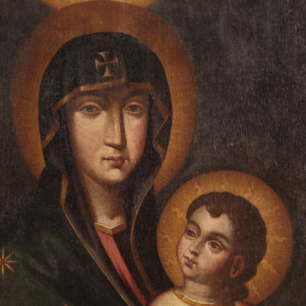 19th Century Oil on Canvas Italian Religious Antique Painting Madonna with Child For Sale 6