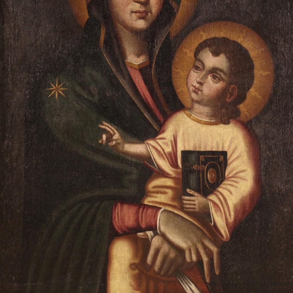 19th Century Oil on Canvas Italian Religious Antique Painting Madonna with Child For Sale 4