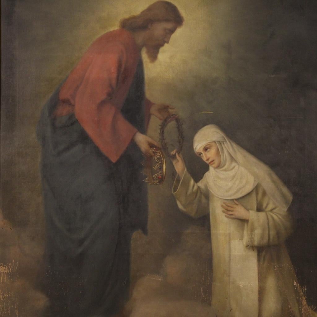 Antique Italian painting from the second half of the 19th century. Framework oil on canvas, on the first canvas, depicting Christ and Saint Catherine of Siena (when she chooses the crown of thorns) of good pictorial quality. Fabulous wooden frame