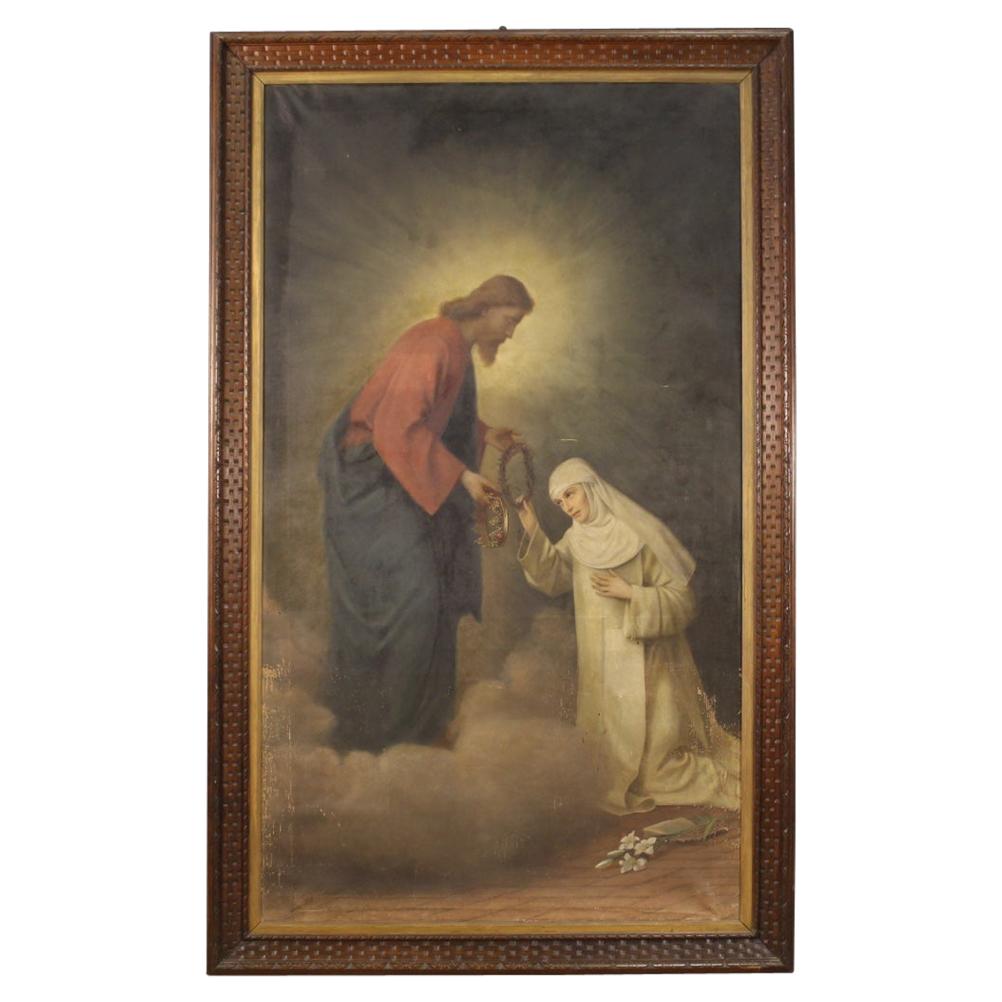 19th Century Oil on Canvas Italian Religious Painting Christ and Saint Catherine