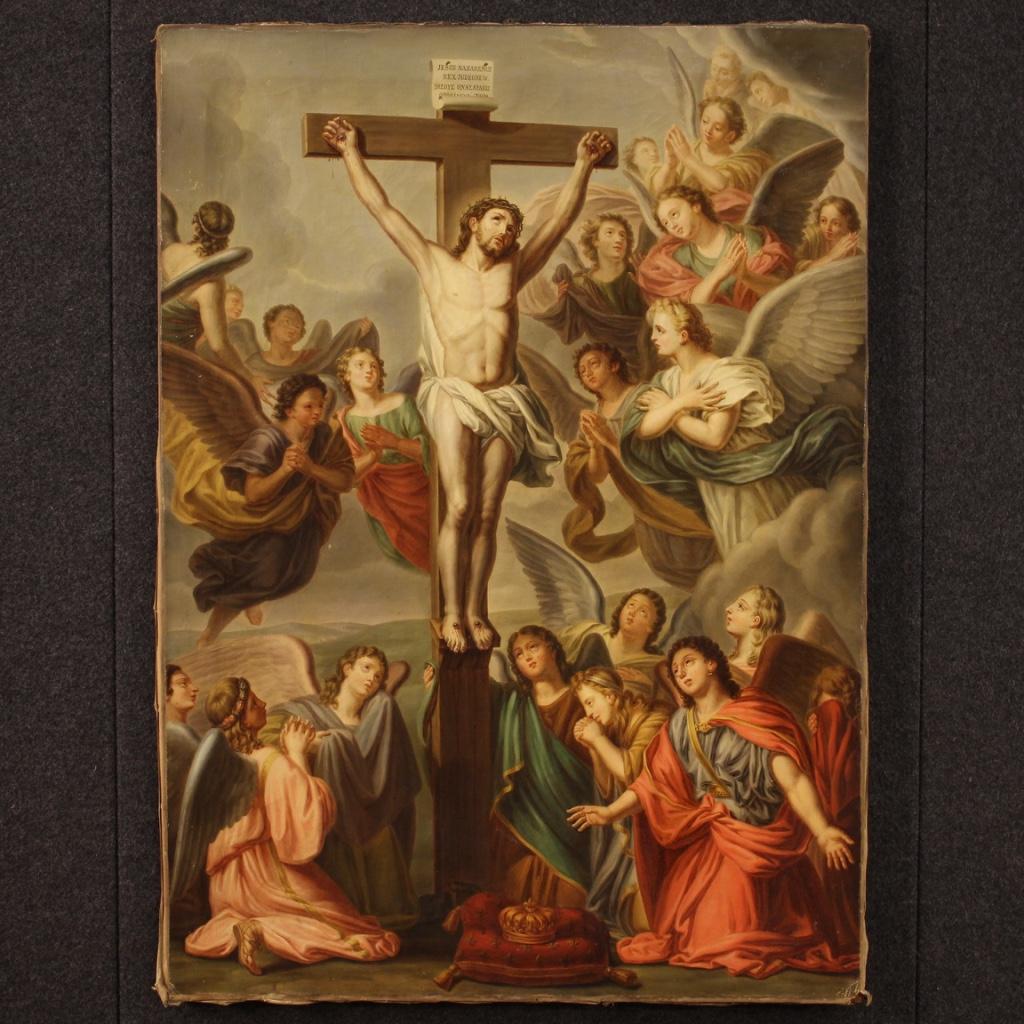 Ancient Italian painting from the second half of the 19th century. Oil on canvas framework depicting a religious subject crucifixion with angels of excellent pictorial quality. Framework of fabulous brightness and great dynamism, for antique