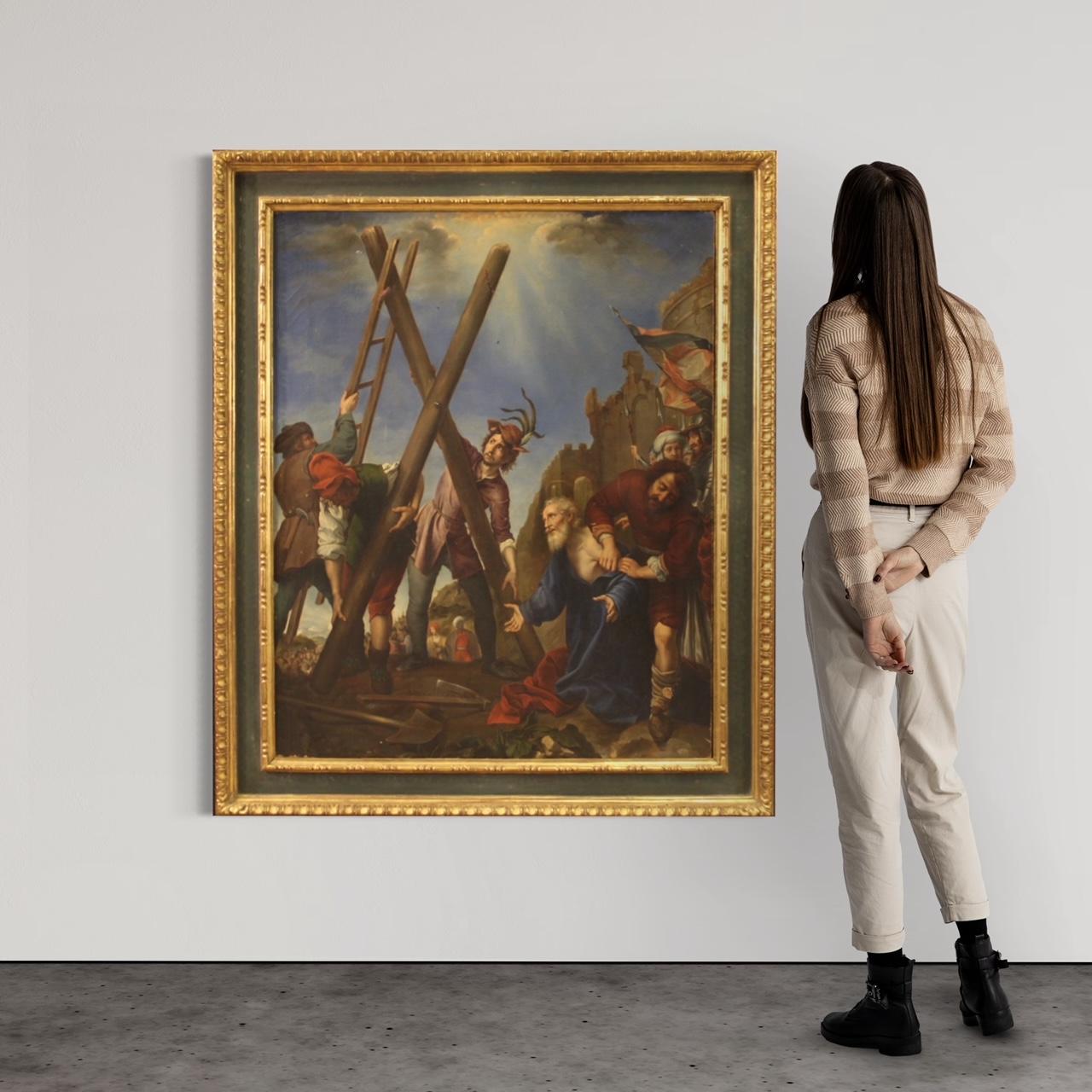Antique Italian painting from the mid-19th century. Oil on canvas artwork, first canvas, depicting religious subject, Martyrdom of Saint Andrew, nineteenth-century copy in 1 to 1 scale of the masterpiece by Carlo Dolci (1616-1687) now exhibited at