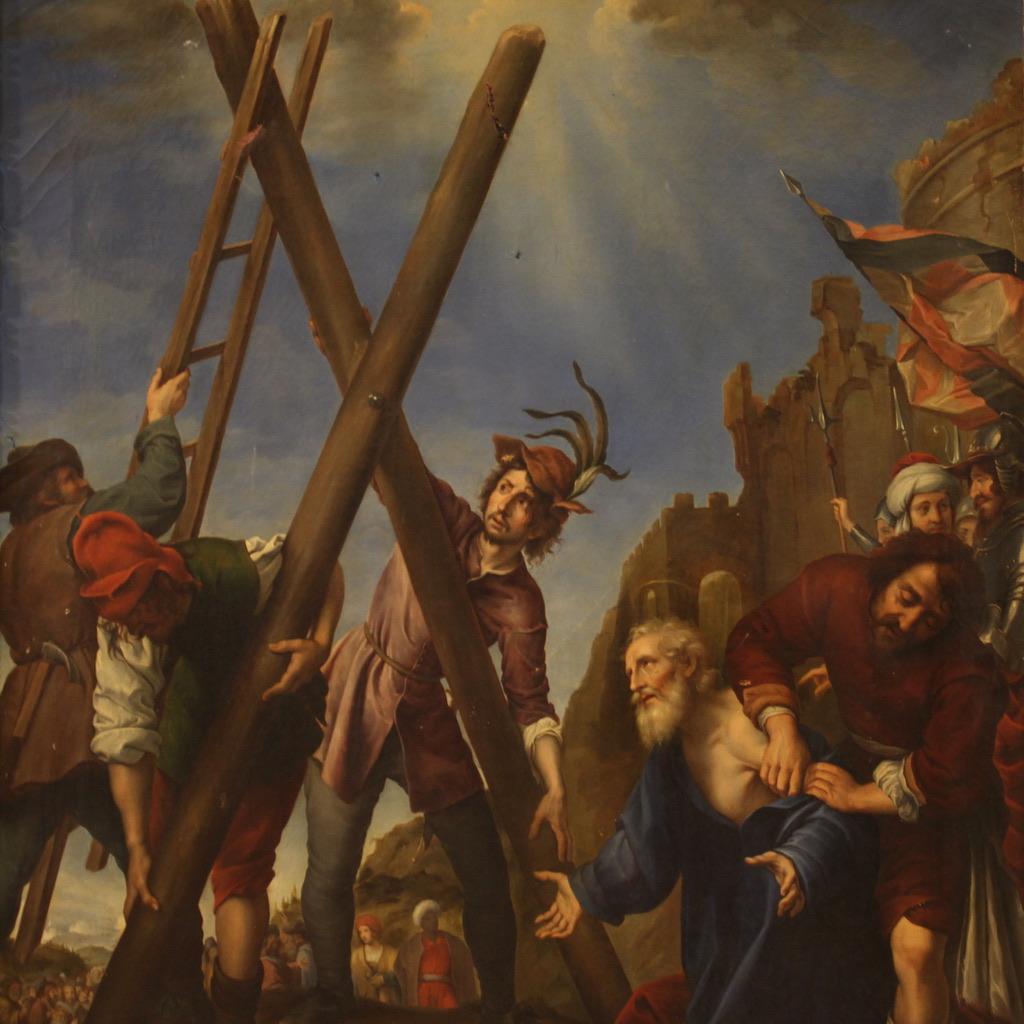 19th Century Oil on Canvas Italian Religious Painting Martyrdom of Saint Andrew In Fair Condition For Sale In Vicoforte, Piedmont