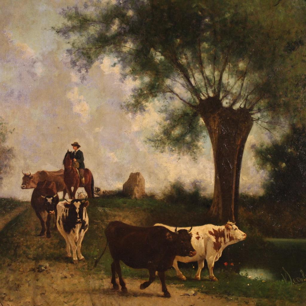 Peinture italienne ancienne datée de 1881. Huile sur toile, première toile, peinture représentant un paysage de campagne avec un berger et des vaches, magnifiquement peinte. Spectaculaire cadre en bois sculpté et doré au décor fabuleux. Tableau