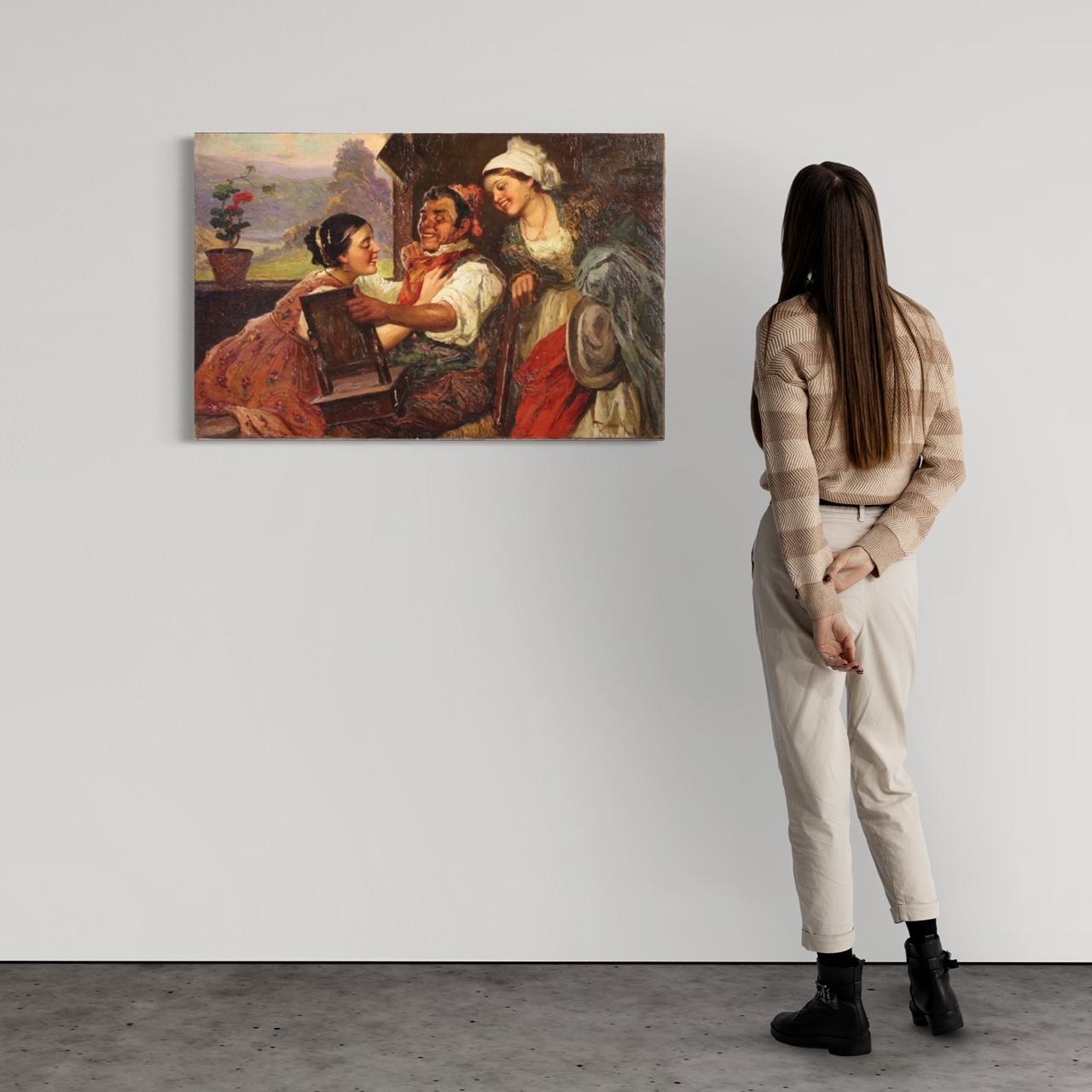 Huile sur toile italienne du 19ème siècle représentant une scène d'intérieur, signée, 1870 en vente 7