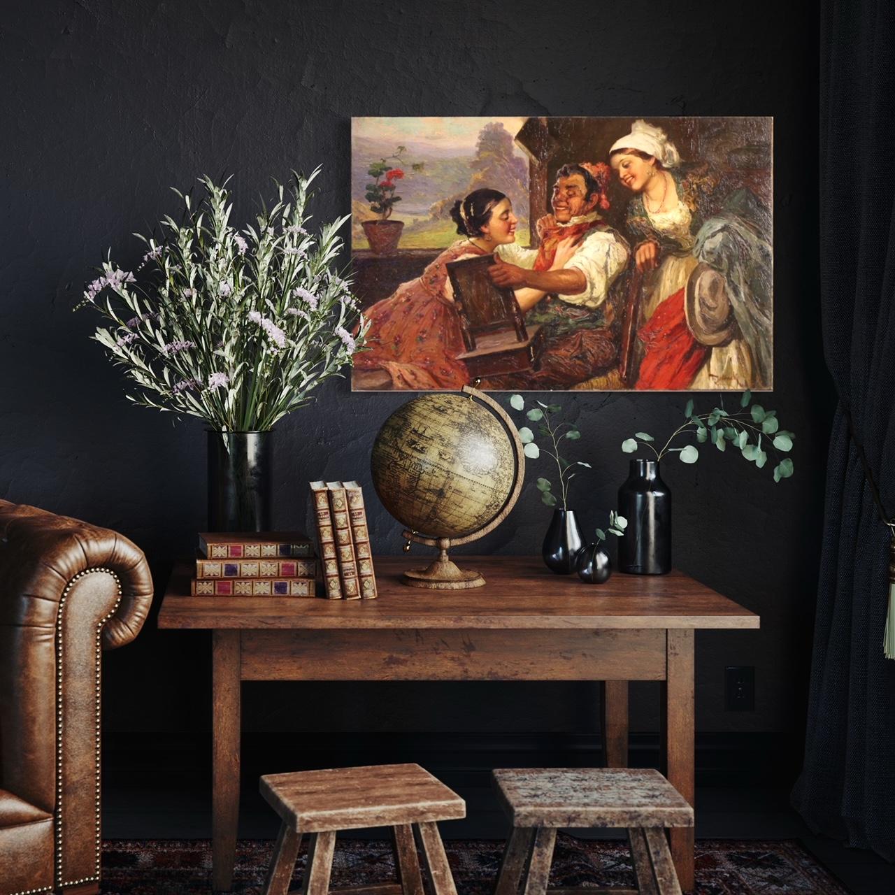 Olio su tela del XIX secolo, dipinto di scena d'interni firmato italiano, 1870 in vendita 9