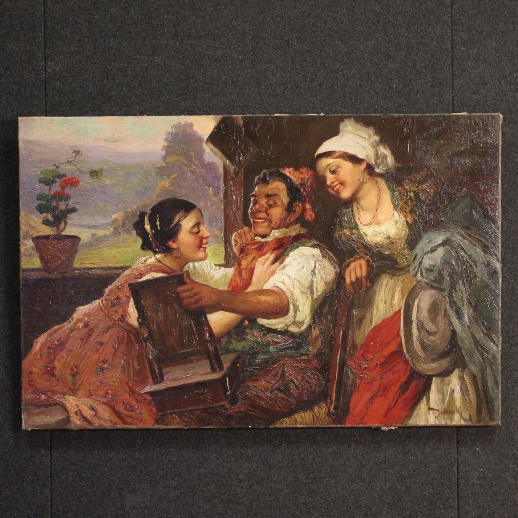 Peinture italienne ancienne de la seconde moitié du XIXe siècle. Cadre huile sur toile, représentant une scène d'intérieur avec des personnages d'excellente qualité picturale. Peinture très lumineuse et agréable, signée en bas à droite, signature en