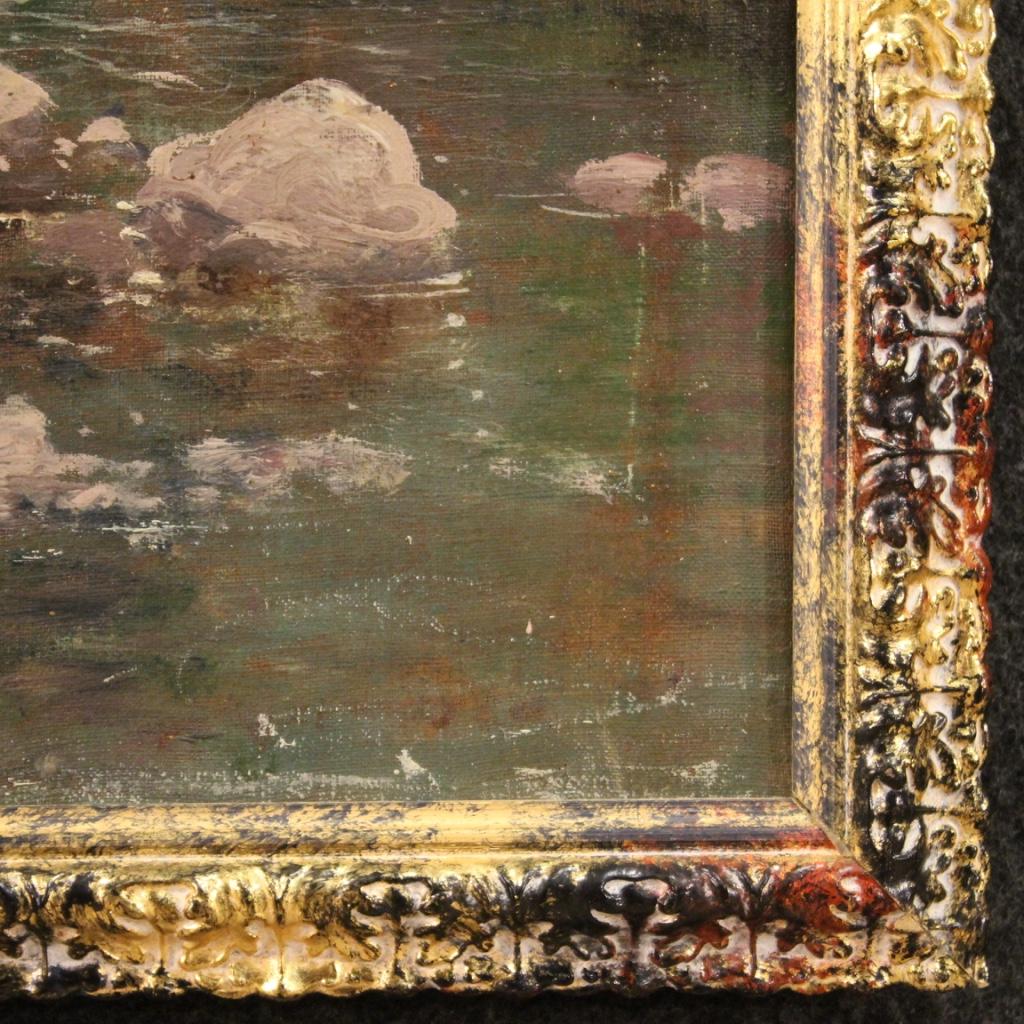 huile sur toile du 19e siècle Peinture de paysage italienne signée Bois et rivière 1880 en vente 3