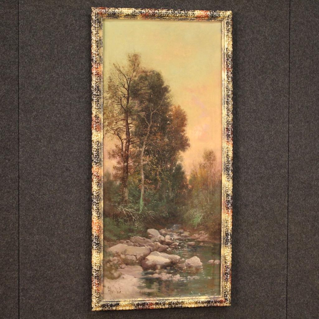 huile sur toile du 19e siècle Peinture de paysage italienne signée Bois et rivière 1880 en vente 4