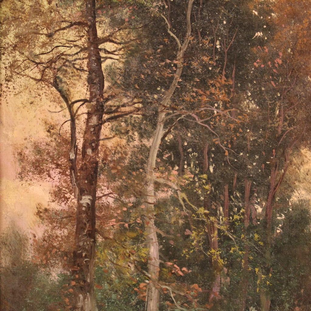 huile sur toile du 19e siècle Peinture de paysage italienne signée Bois et rivière 1880 en vente 5