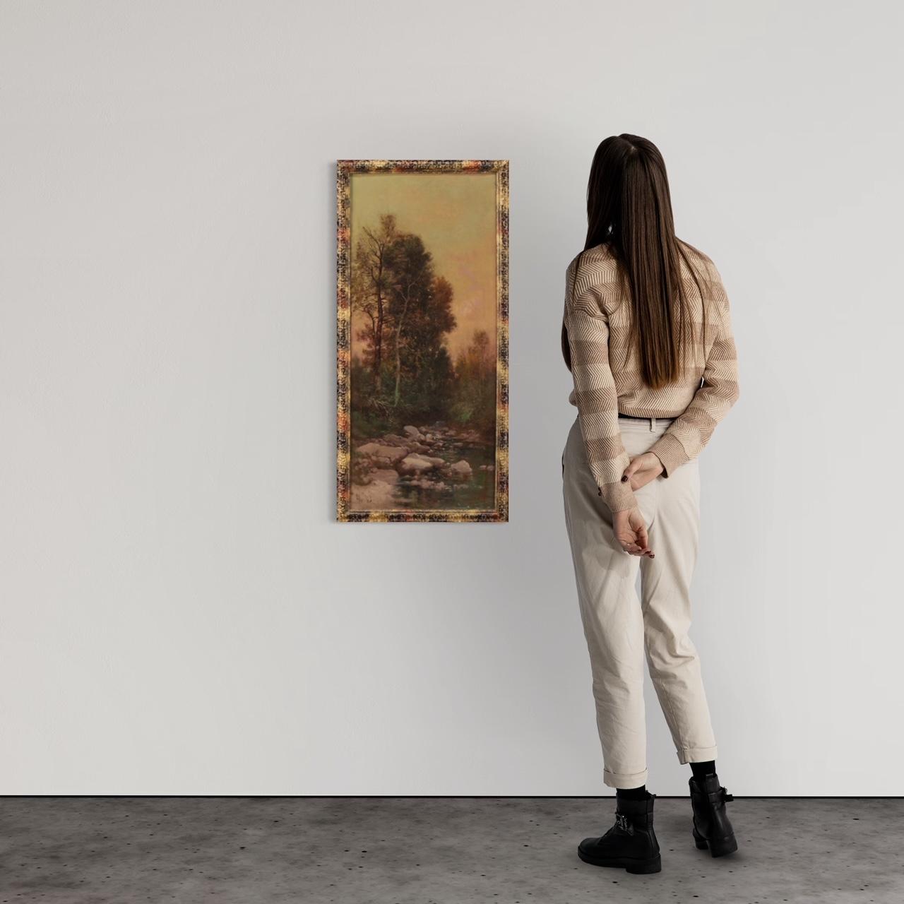 Peinture italienne de la fin du 19e siècle. Cadre huile sur toile, sur la première toile, représentant une vue boisée avec rivière dans un style impressionniste. Peinture de décor agréable signée en bas à gauche (voir photo) H. Marko référençable au