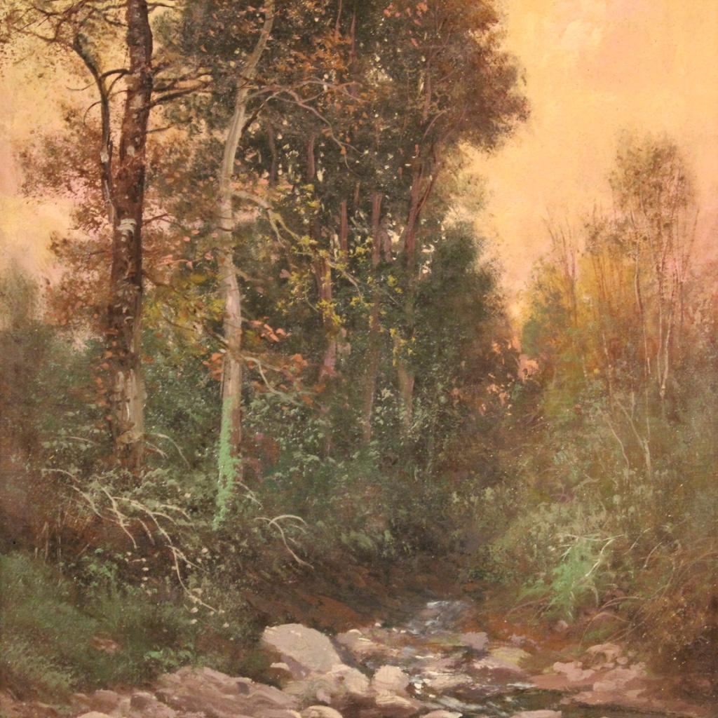 Italian huile sur toile du 19e siècle Peinture de paysage italienne signée Bois et rivière 1880 en vente