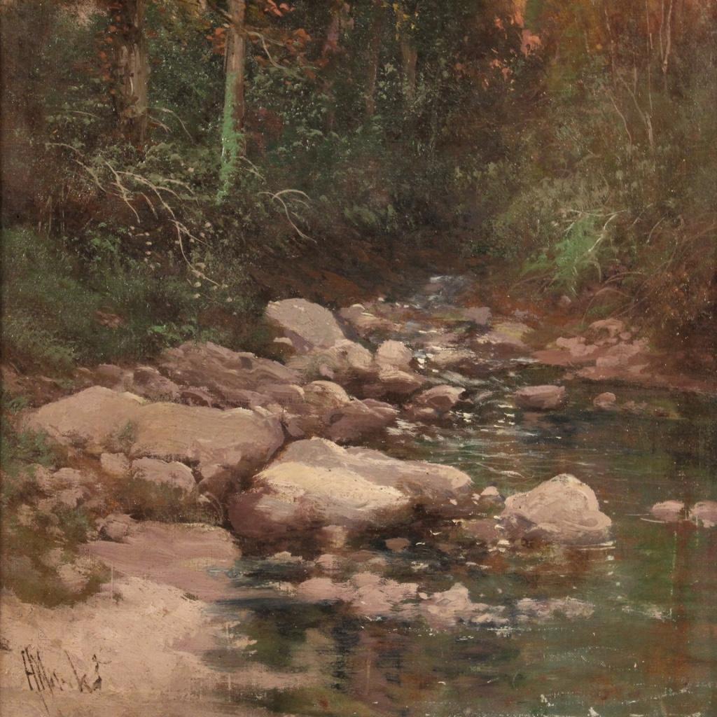 Late 19th Century huile sur toile du 19e siècle Peinture de paysage italienne signée Bois et rivière 1880 en vente
