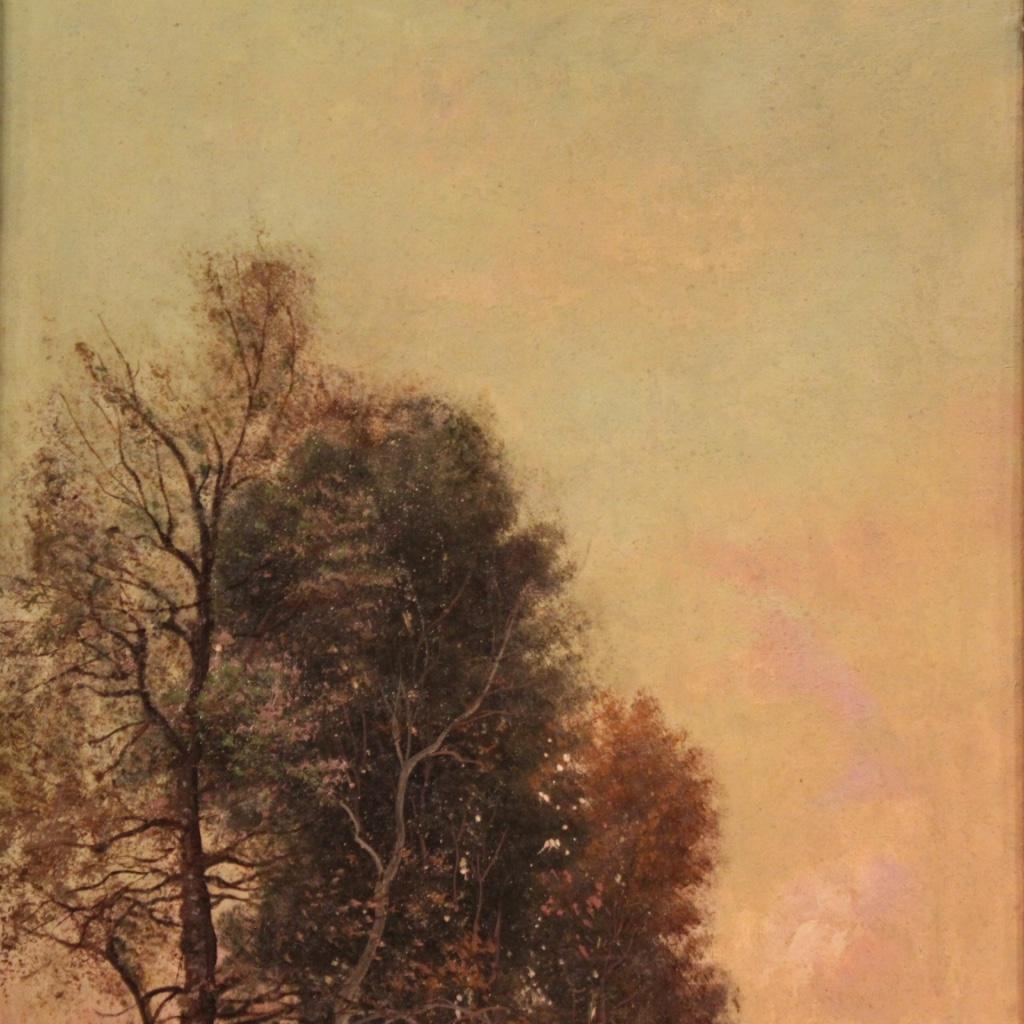 huile sur toile du 19e siècle Peinture de paysage italienne signée Bois et rivière 1880 en vente 2