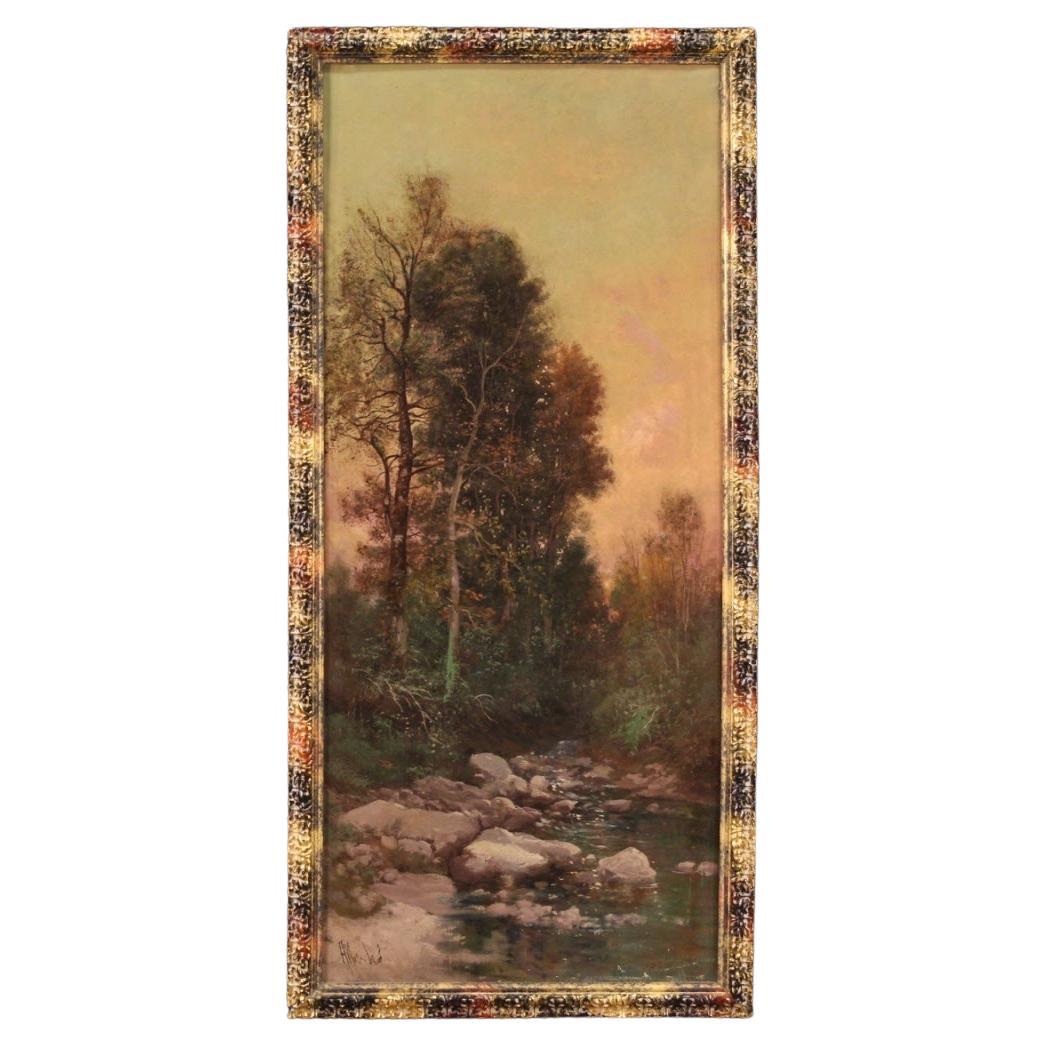 19th Century Oil on Canvas Italian Signed Landscape Painting Wood and River 1880