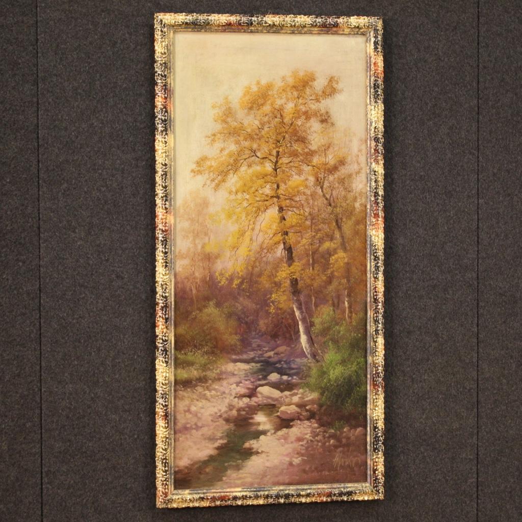 19th Century Oil on Canvas Italian Signed Landscape Painting Wooded View, 1880 For Sale 6