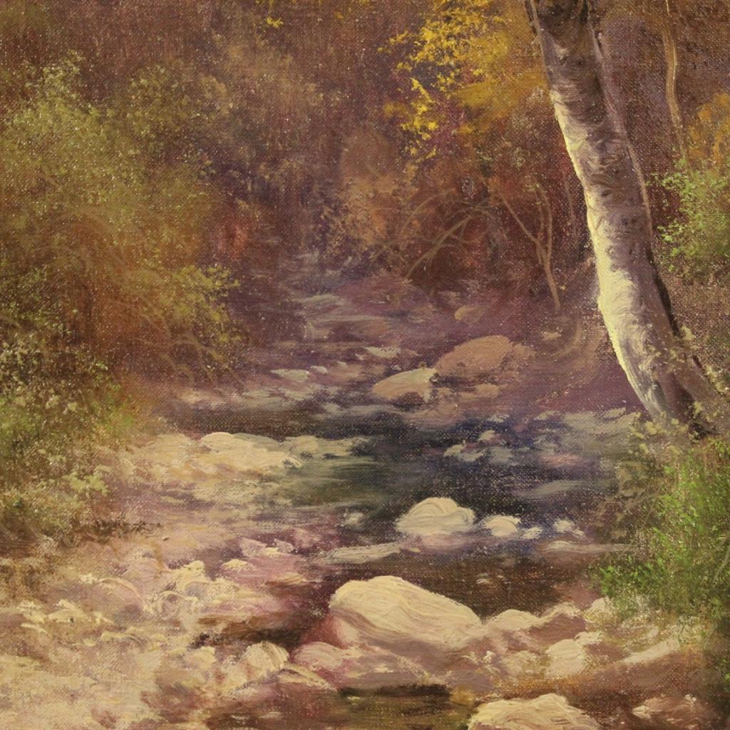 19th Century Oil on Canvas Italian Signed Landscape Painting Wooded View, 1880 For Sale 8