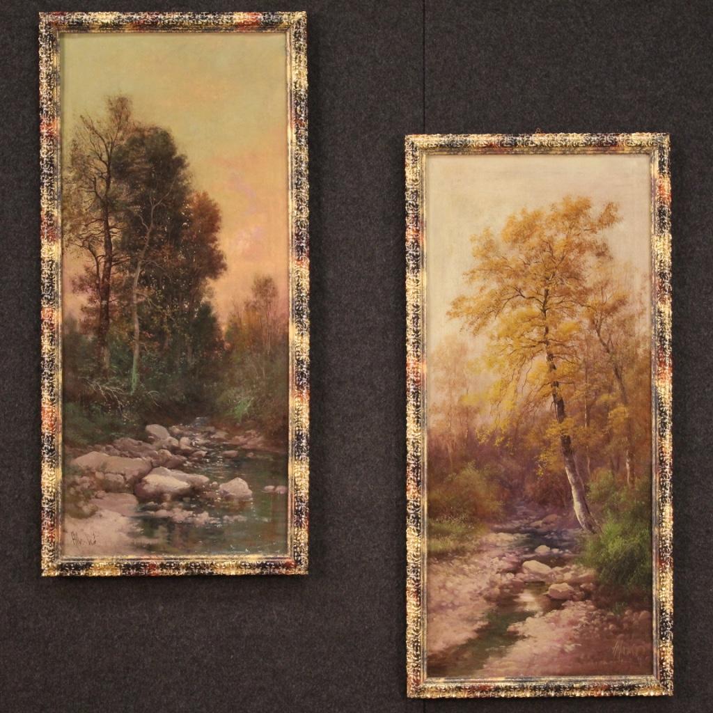 Oiled 19th Century Oil on Canvas Italian Signed Landscape Painting Wooded View, 1880 For Sale