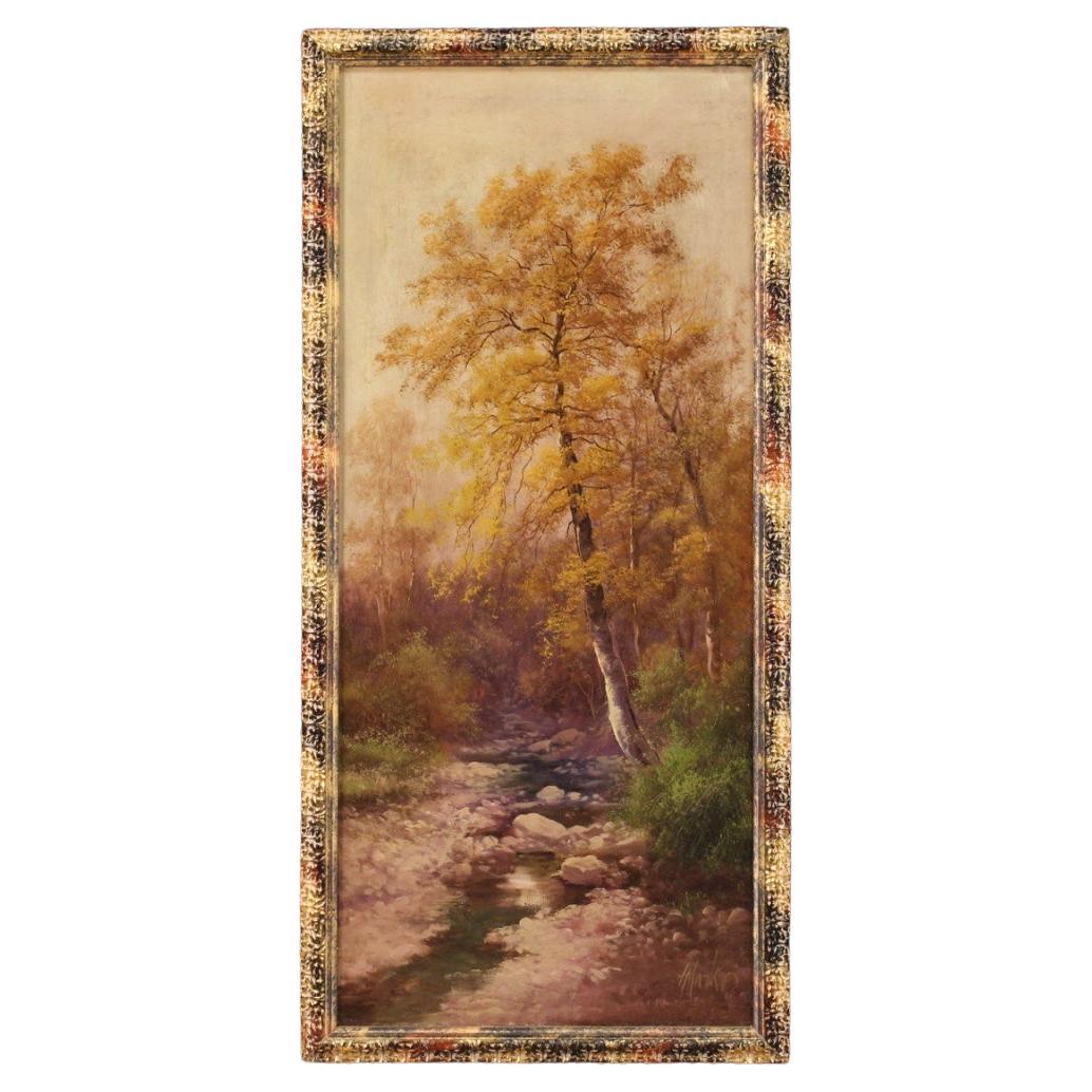 siglo XIX Óleo sobre lienzo Pintura italiana firmada Paisaje arbolado, 1880