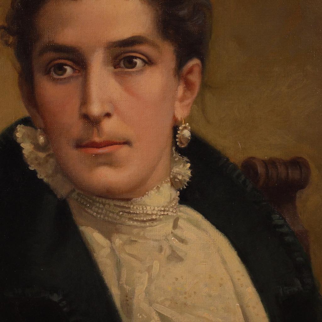 19th Century Oil on Canvas Italian Signed Noblewoman Portrait Painting, 1898 in vendita 7