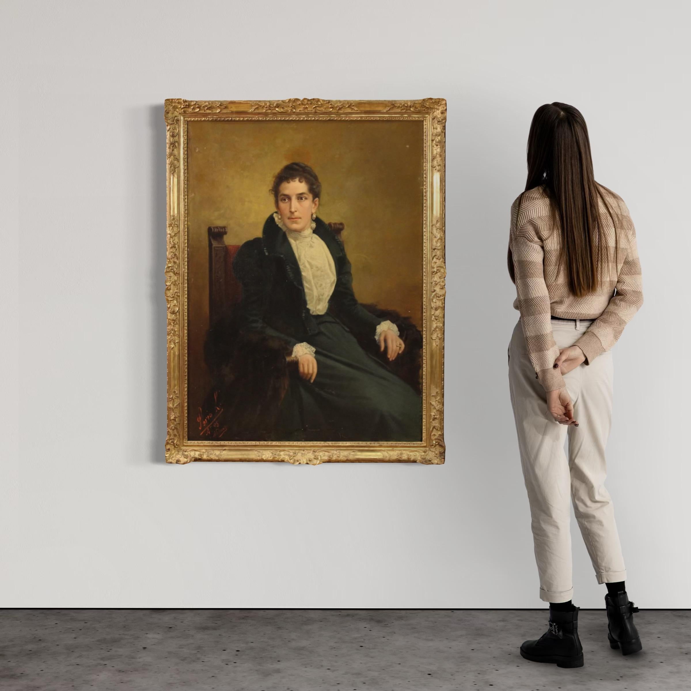 Large Italian painting signed and dated 1898. Oil on canvas, first canvas, artwork depicting a portrait, Milanese noblewoman, of good pictorial quality. Painting of great size and impact, on a light background, with an elegant lady sitting on a