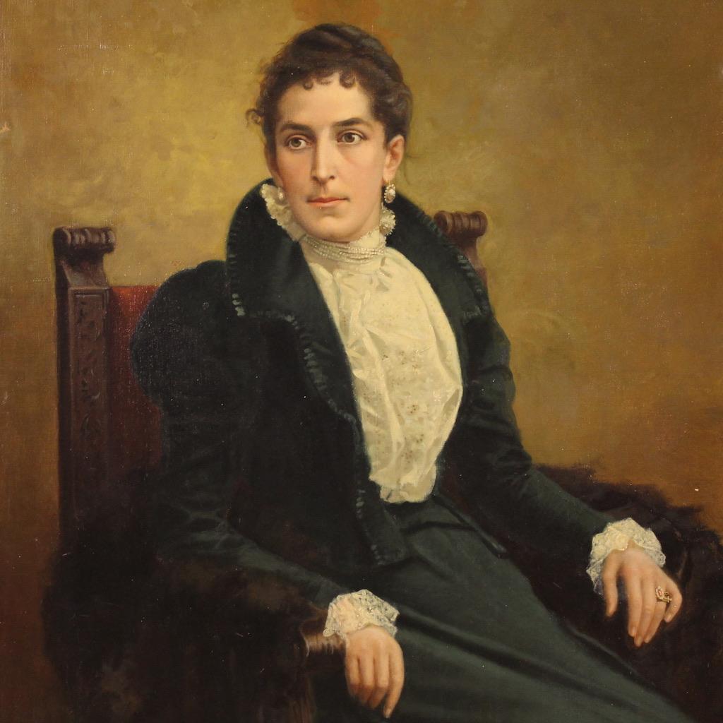 Tela 19th Century Oil on Canvas Italian Signed Noblewoman Portrait Painting, 1898 in vendita