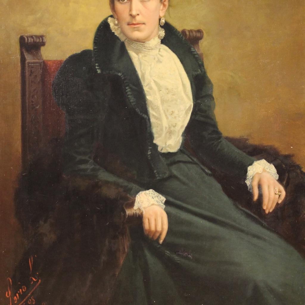 19th Century Oil on Canvas Italian Signed Noblewoman Portrait Painting, 1898 in vendita 1