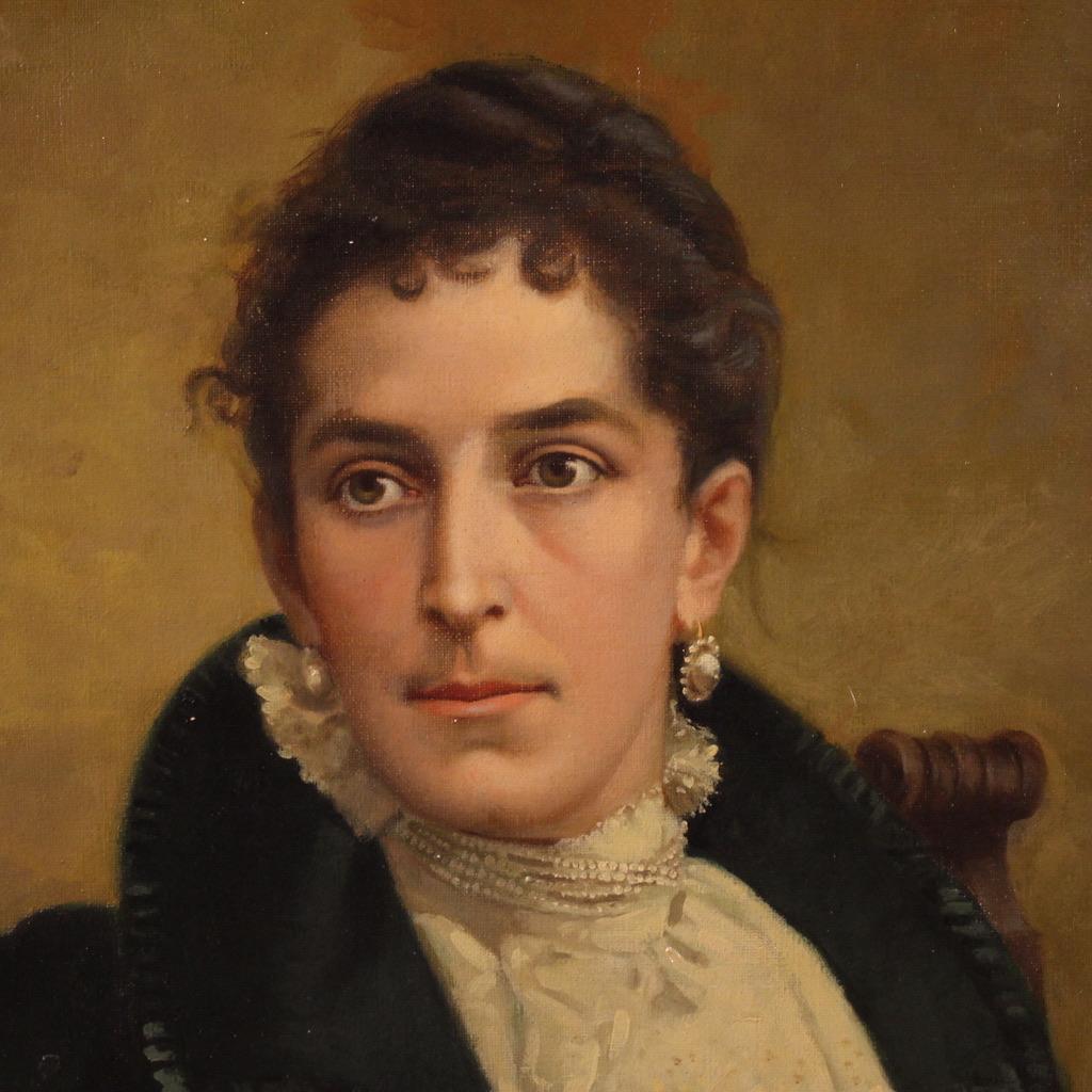 19th Century Oil on Canvas Italian Signed Noblewoman Portrait Painting, 1898 in vendita 3