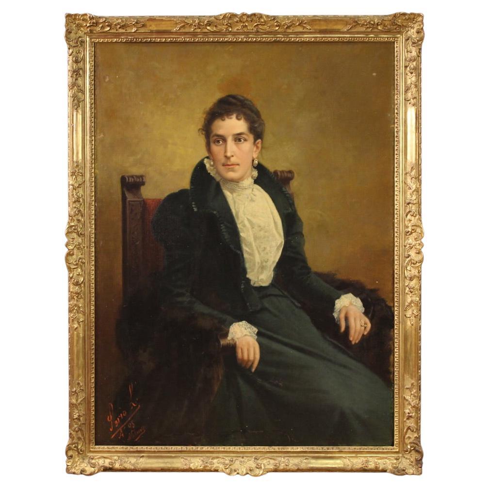 19th Century Oil on Canvas Italian Signed Noblewoman Portrait Painting, 1898 in vendita