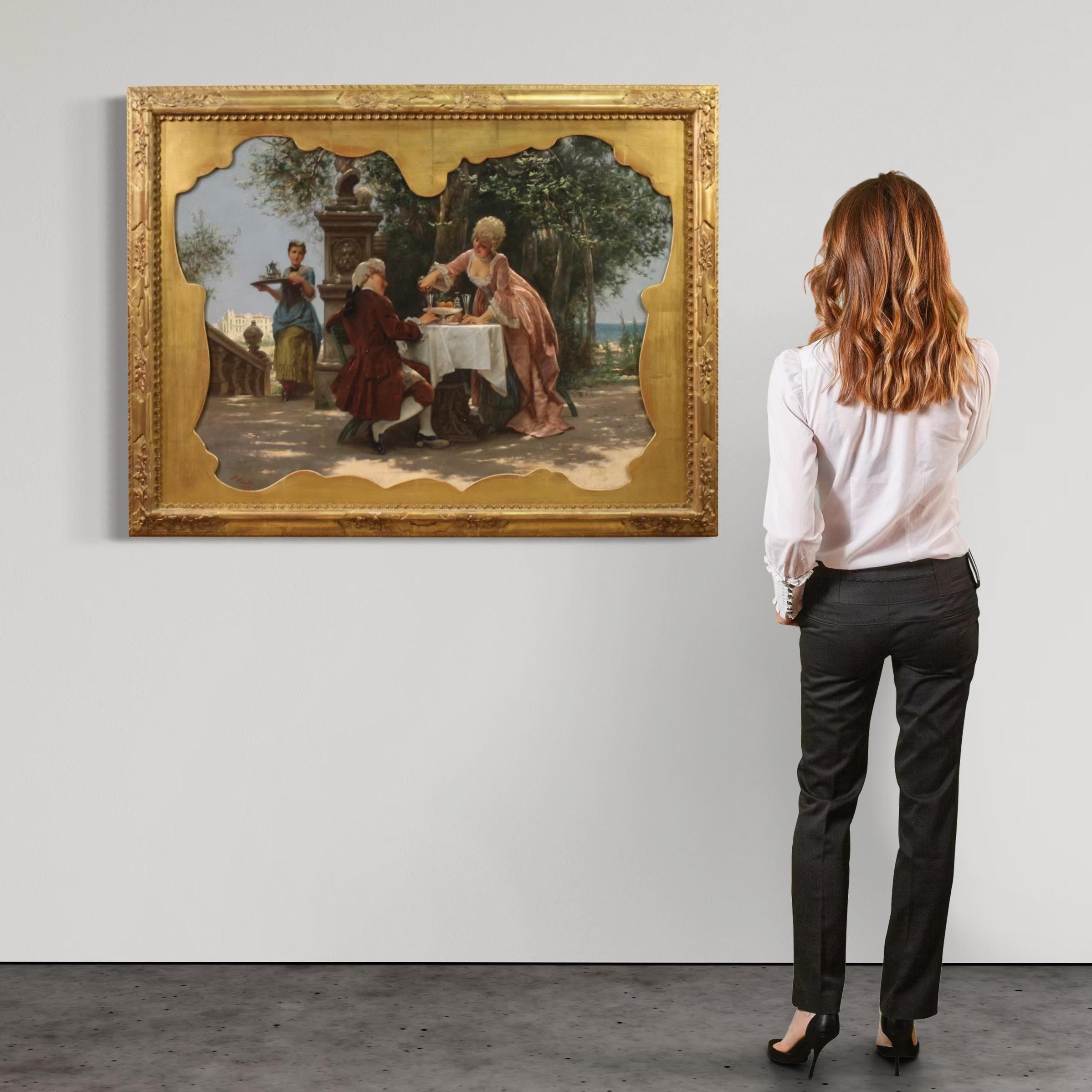 A magnificent Italian painting from the second half of the 19th century. Oil on canvas, first canvas, painting depicting a splendid outdoor romantic scene in the Rococo style. In an 18th-century noble garden, a lady pours wine for a gentleman while,