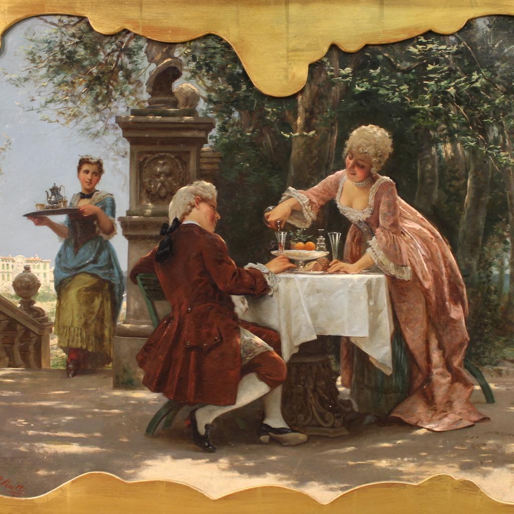 19th Century Oil on Canvas Italian Signed Prospero Piatti Painting Gallant Scene (Geölt) im Angebot