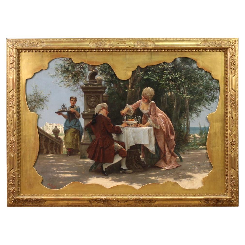 19th Century Oil on Canvas Italian Signed Prospero Piatti Painting Gallant Scene im Angebot
