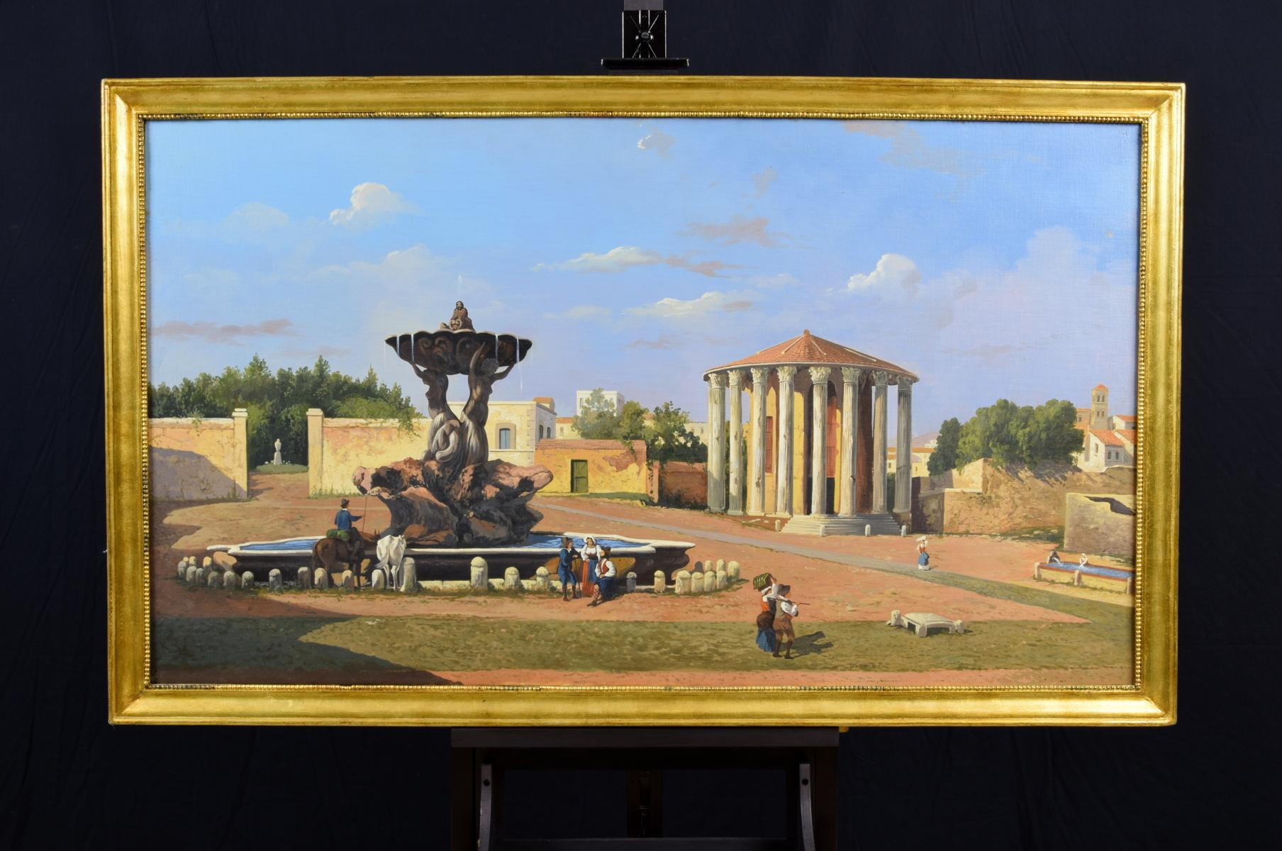 Siglo XIX, óleo sobre lienzo, Italiano Vista del foro Boario de Roma
 
El cuadro representa la Plaza de la Bocca della Verità, situada en el barrio de Ripa, en la zona del Foro Boario, el mercado más antiguo de Roma (Italia). A la derecha se