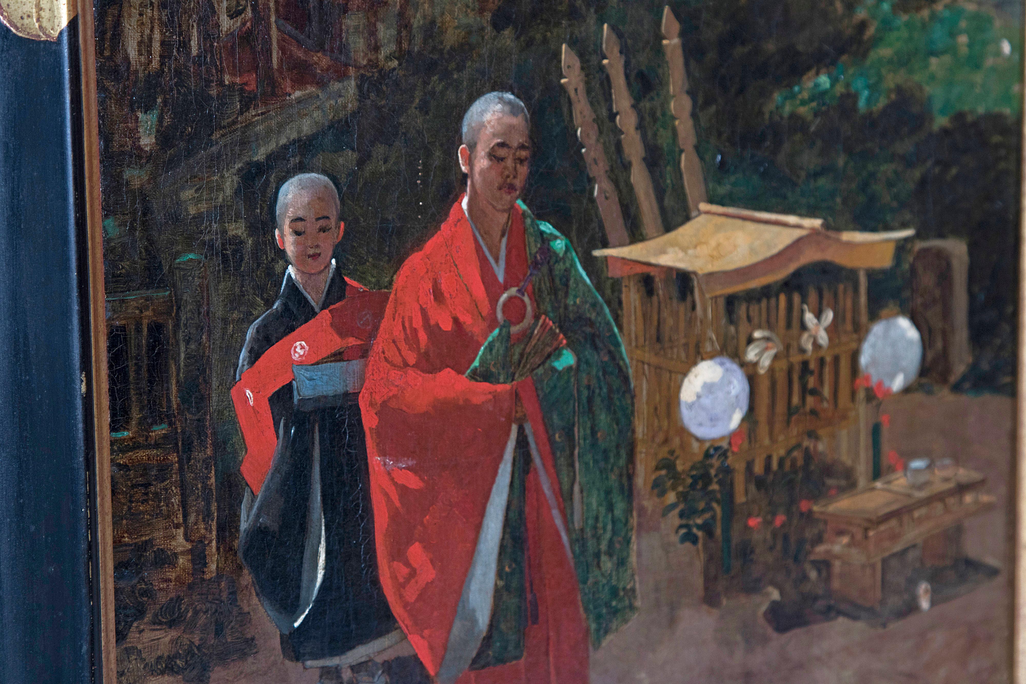 19th Century Oil on Canvas Japanese Monks in a Landscape by Francis Neydhart For Sale 5