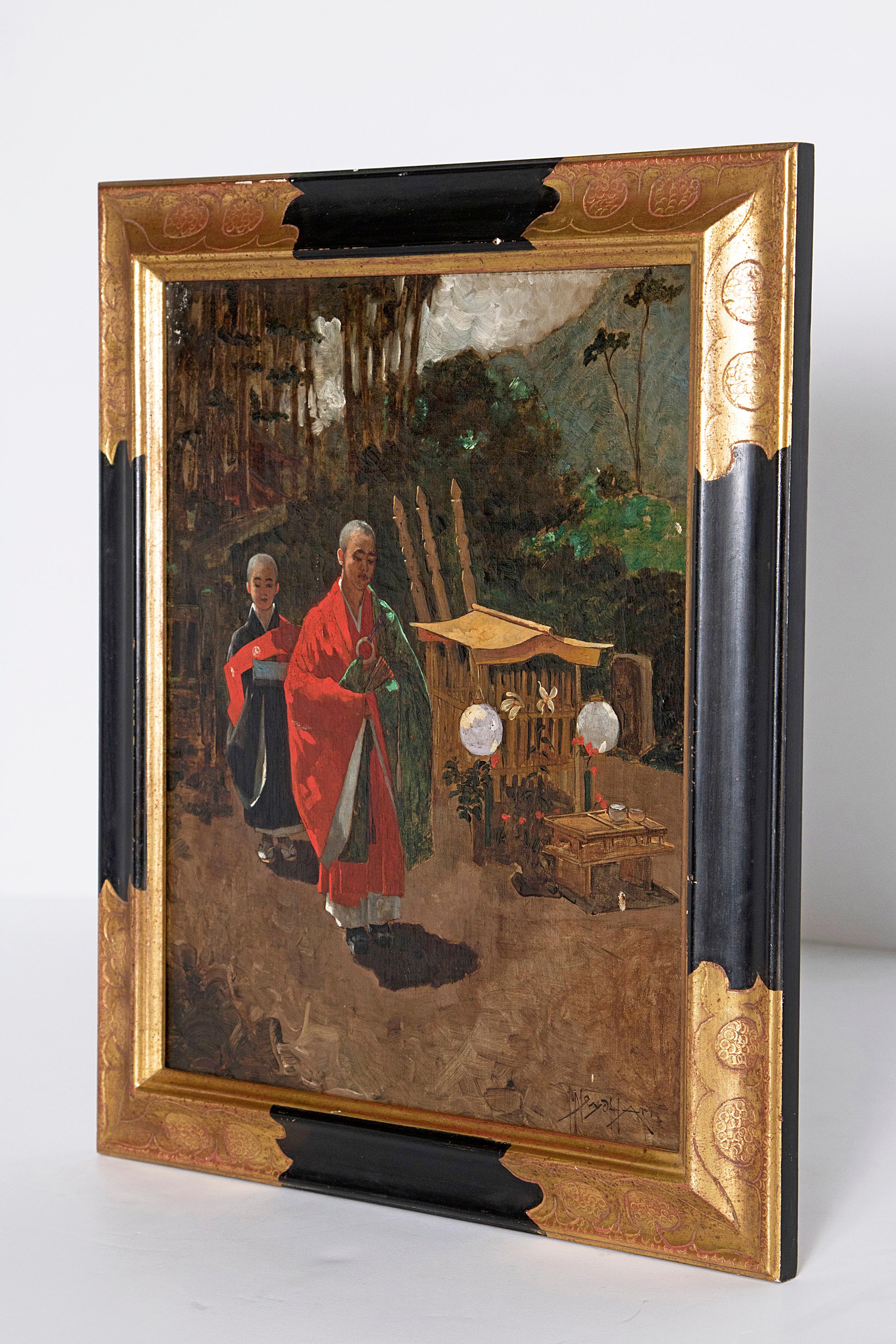 A realistic oil on canvas of two Japanese monks wearing robes in an outdoor ceremony by painter Francis Neydhart, (1860-1948). Signed lower right. 
Image measures: 16