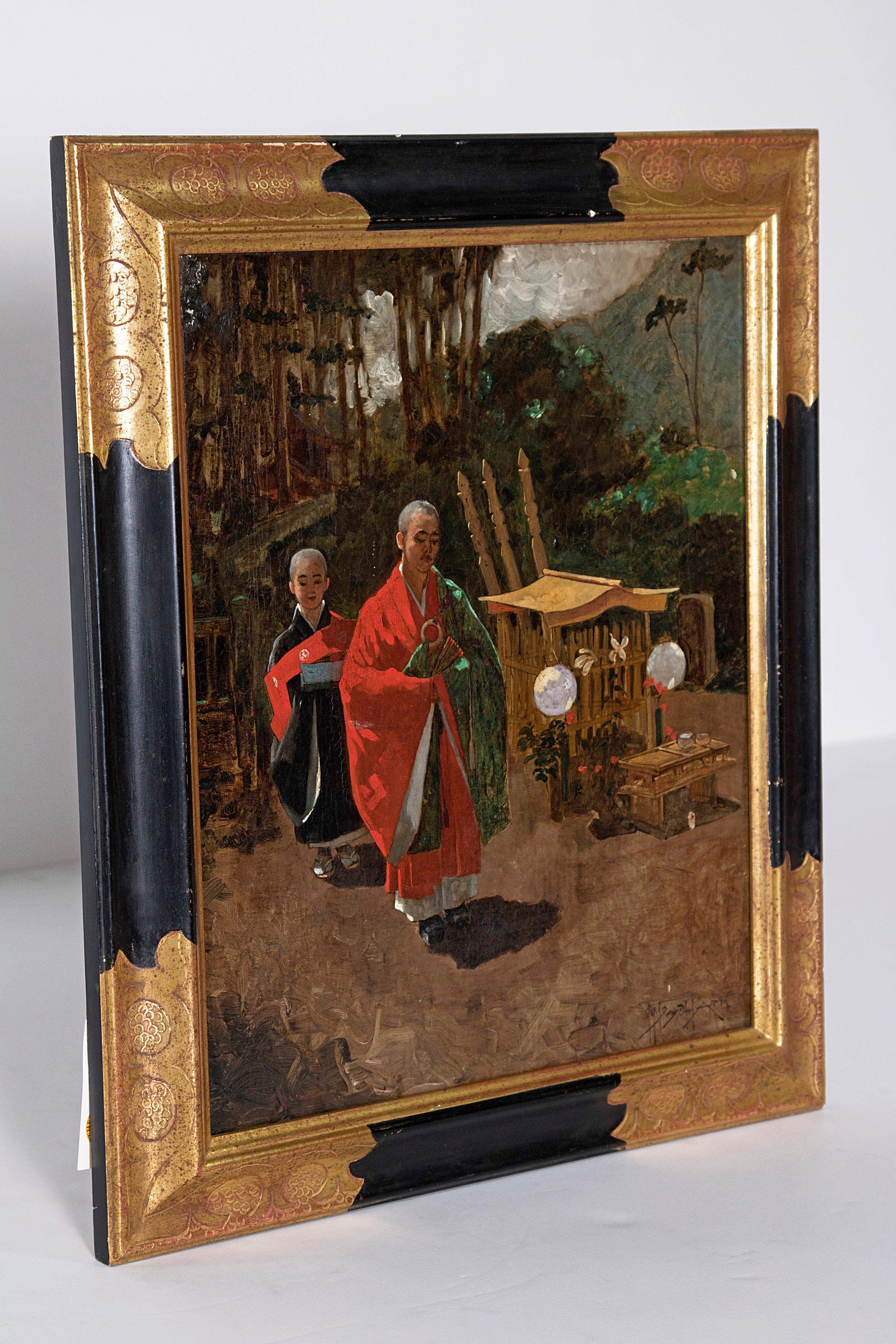 Japonisme 19th Century Oil on Canvas Japanese Monks in a Landscape by Francis Neydhart For Sale